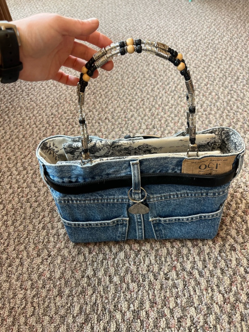 Vintage Y2K Bootie Bag Upcycled Denim Jean Bag Belt Beaded Handle Lined Purse - Picture 3 of 7